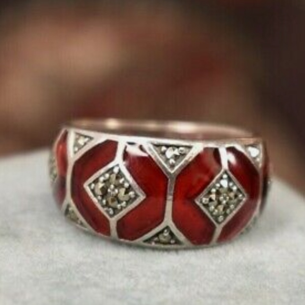🌺Stunning Vintage 925 Sterling Silver/Red Enamel Marcasite Ring sz 6.5 🌺